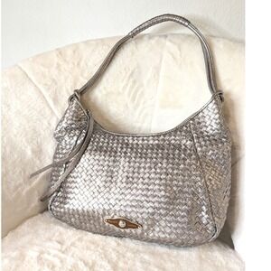 Elliott Lucca Woven Leather Hobo Bag Metallic Champagne Shoulder Purse Italian